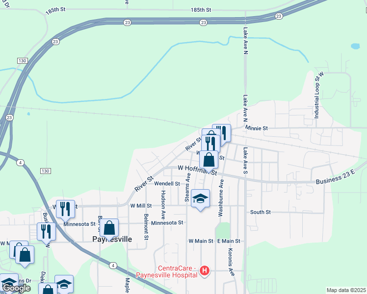map of restaurants, bars, coffee shops, grocery stores, and more near 206 River Street in Paynesville