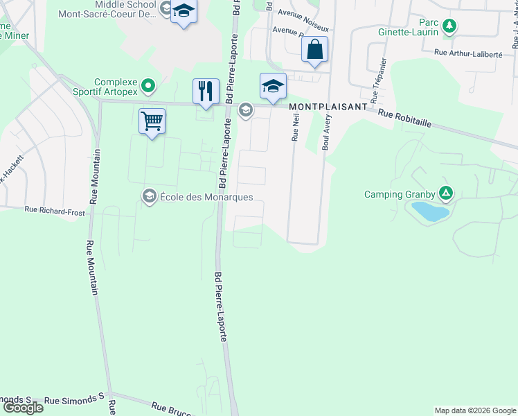 map of restaurants, bars, coffee shops, grocery stores, and more near 505 Rue des Écoliers in Granby