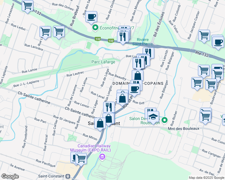 map of restaurants, bars, coffee shops, grocery stores, and more near 56 Rue Longtin in Saint-Constant