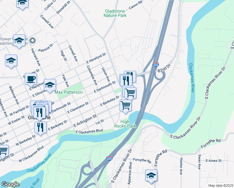 map of restaurants, bars, coffee shops, grocery stores, and more near 695 East Clarendon Street in Gladstone