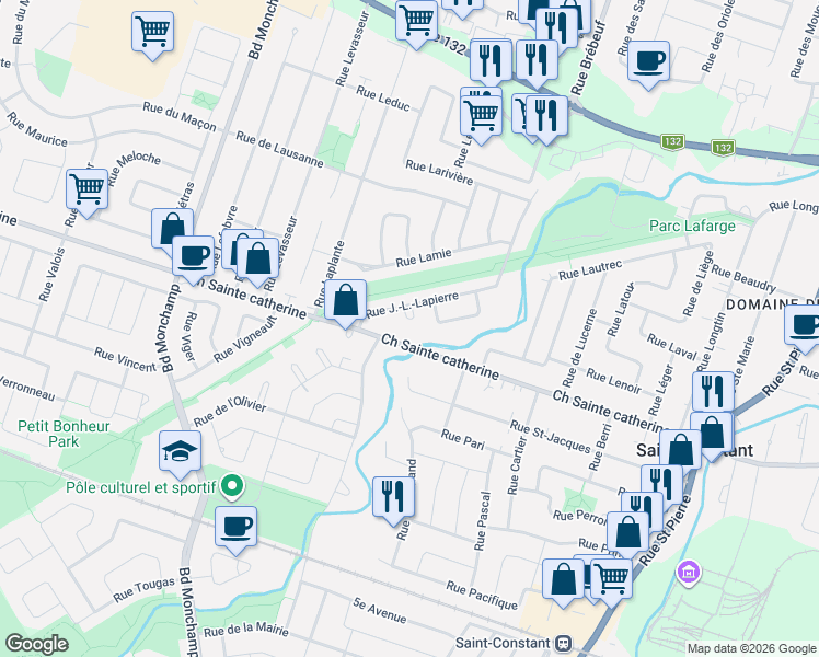 map of restaurants, bars, coffee shops, grocery stores, and more near 72 Rue J.-L.-Lapierre in Saint-Constant