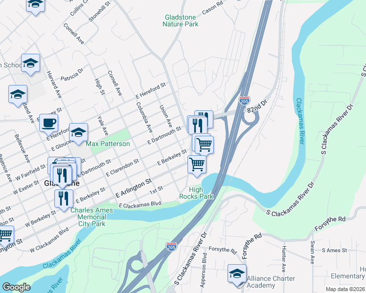 map of restaurants, bars, coffee shops, grocery stores, and more near 720 East Berkeley Street in Gladstone
