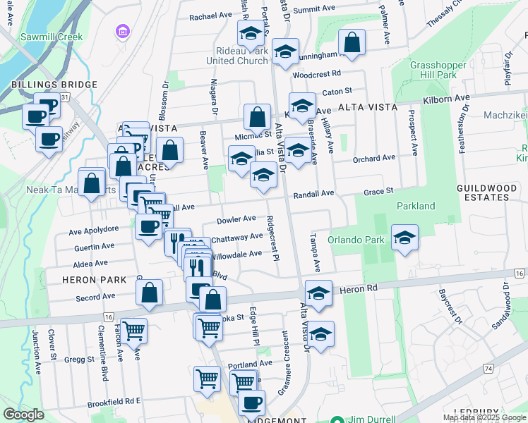 map of restaurants, bars, coffee shops, grocery stores, and more near in Ottawa