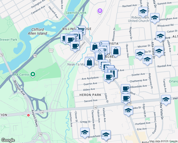 map of restaurants, bars, coffee shops, grocery stores, and more near 1143 Rockingham Avenue in Ottawa