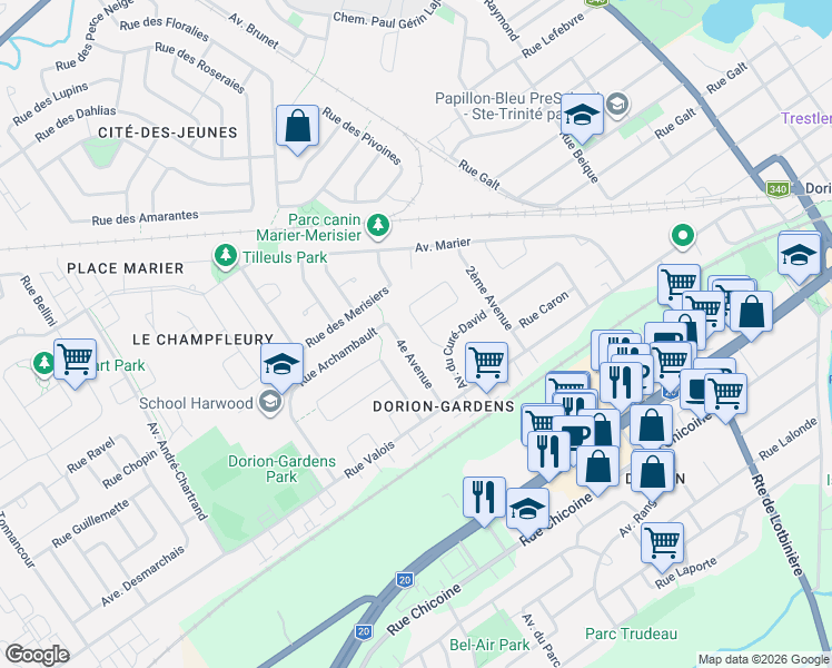 map of restaurants, bars, coffee shops, grocery stores, and more near 186 Avenue Duffy in Vaudreuil-Dorion
