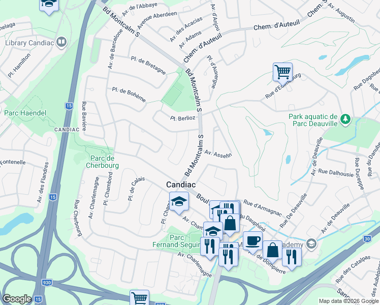 map of restaurants, bars, coffee shops, grocery stores, and more near 12 Avenue du Beaujolais in Candiac
