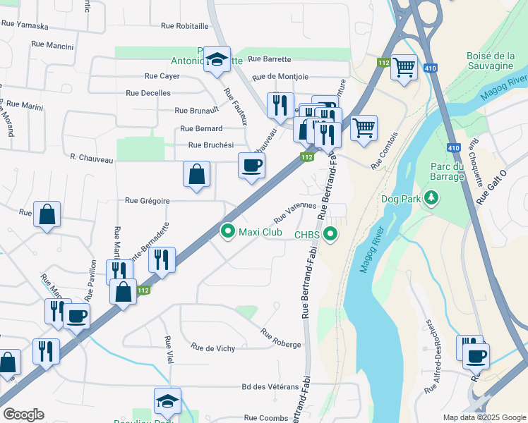 map of restaurants, bars, coffee shops, grocery stores, and more near 4260 Boulevard Bourque in Sherbrooke
