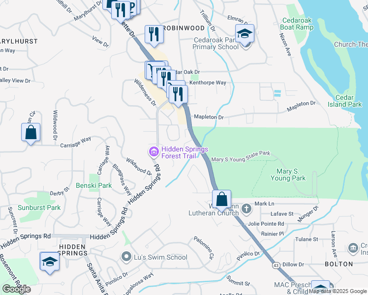 map of restaurants, bars, coffee shops, grocery stores, and more near 3510 Chow Mein Lane in West Linn