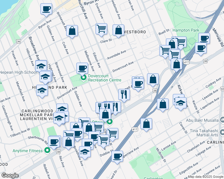 map of restaurants, bars, coffee shops, grocery stores, and more near in Ottawa