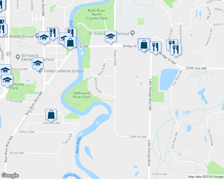 map of restaurants, bars, coffee shops, grocery stores, and more near 22780 Poppy Street Northwest in Saint Francis