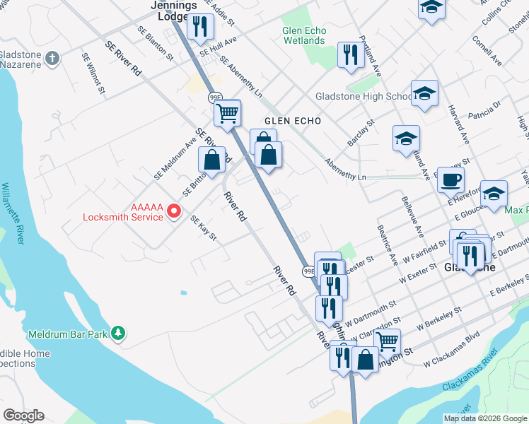 map of restaurants, bars, coffee shops, grocery stores, and more near 19335 Southeast McLoughlin Boulevard in Gladstone