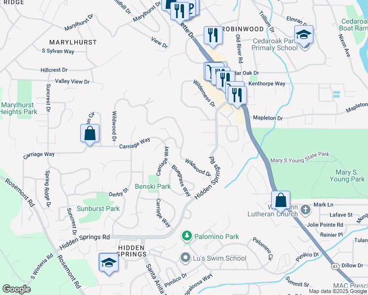 map of restaurants, bars, coffee shops, grocery stores, and more near 19772 Wildwood Drive in West Linn
