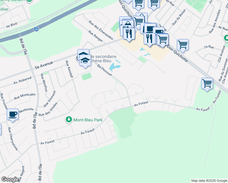 map of restaurants, bars, coffee shops, grocery stores, and more near 89 Rue du Rocher in Pincourt
