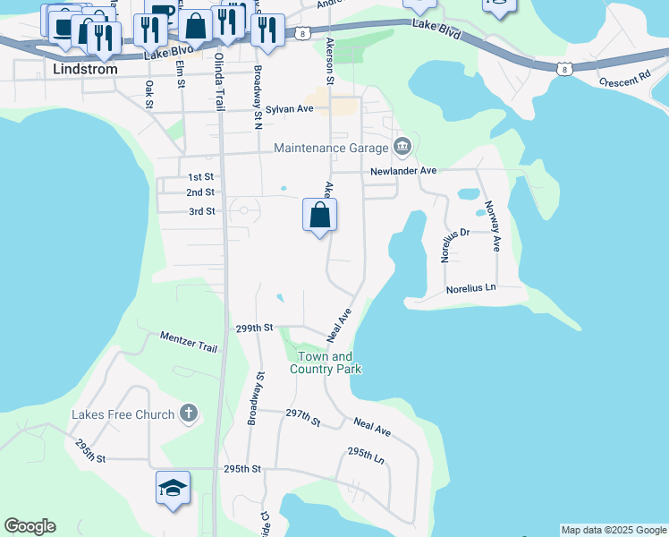 map of restaurants, bars, coffee shops, grocery stores, and more near 30000 Akerson Street in Lindstrom