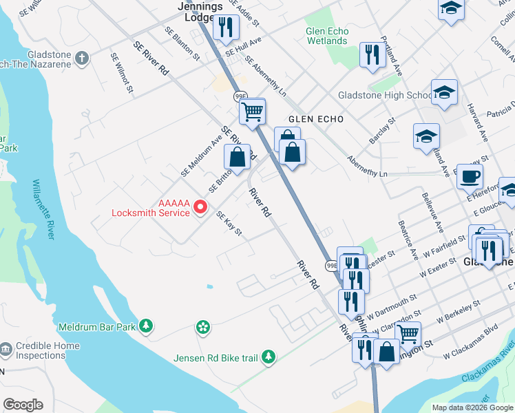 map of restaurants, bars, coffee shops, grocery stores, and more near 19310 Southeast River Road in Portland