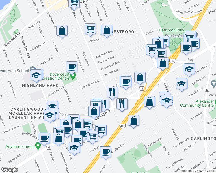 map of restaurants, bars, coffee shops, grocery stores, and more near in Ottawa