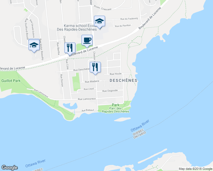 map of restaurants, bars, coffee shops, grocery stores, and more near 87 Rue Madaire in Gatineau