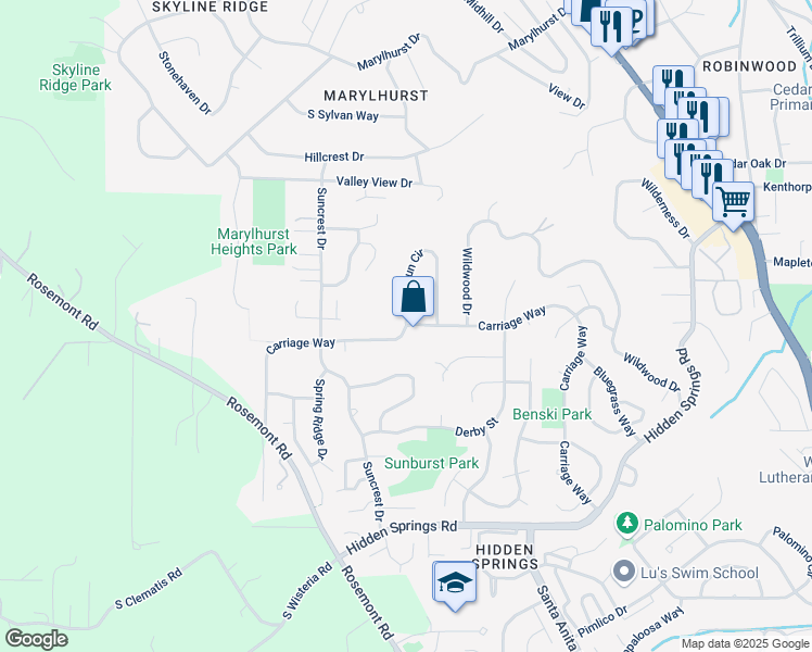 map of restaurants, bars, coffee shops, grocery stores, and more near Carriage Way & Sun Circle in West Linn