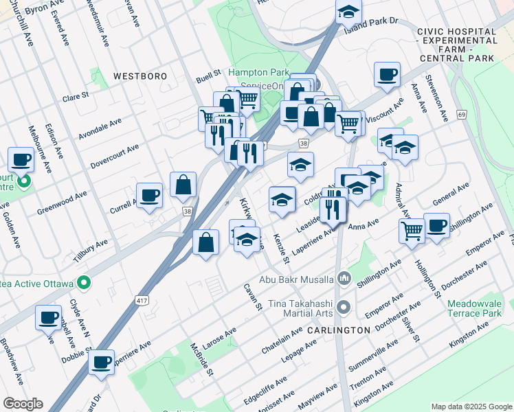 map of restaurants, bars, coffee shops, grocery stores, and more near 1361 Thames Street in Ottawa