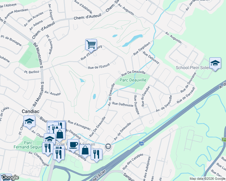 map of restaurants, bars, coffee shops, grocery stores, and more near 2 Rue Duberger in Candiac