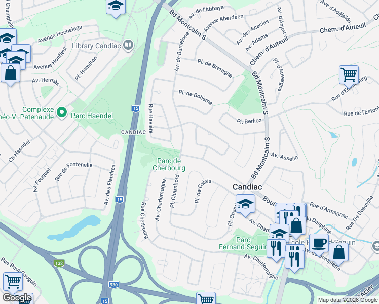 map of restaurants, bars, coffee shops, grocery stores, and more near 30 Boulevard Jean-Leman in Candiac