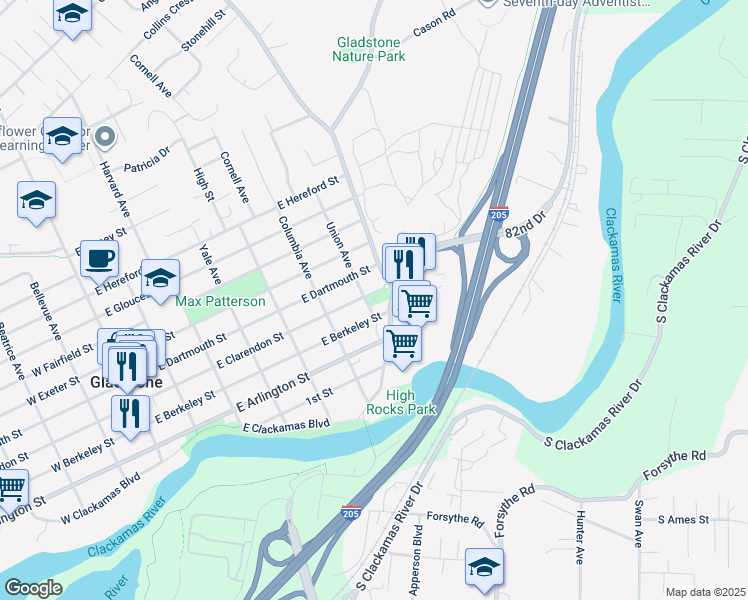 map of restaurants, bars, coffee shops, grocery stores, and more near 695 East Clarendon Street in Gladstone