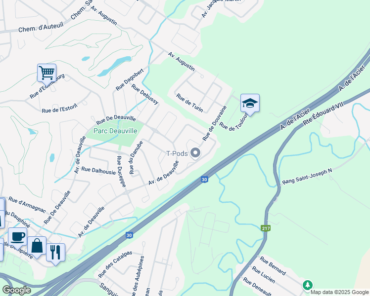 map of restaurants, bars, coffee shops, grocery stores, and more near 1 Rue de Duclair in Candiac