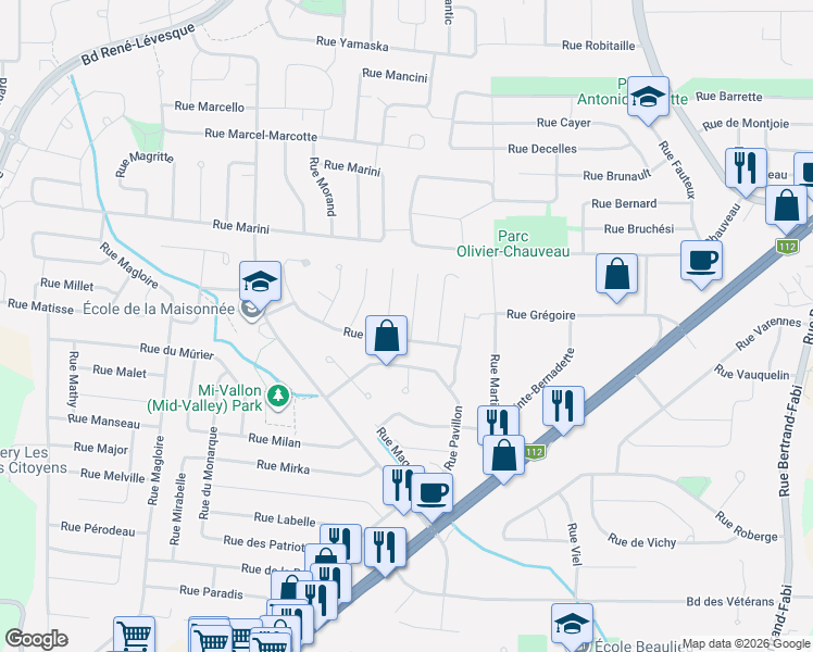 map of restaurants, bars, coffee shops, grocery stores, and more near 4309 Rue Marguerite-Bourgeoys in Sherbrooke