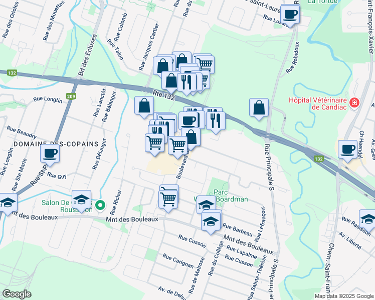 map of restaurants, bars, coffee shops, grocery stores, and more near 35 Boulevard Georges Gagné Sud in Delson