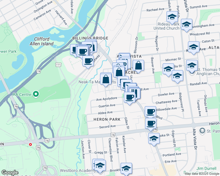 map of restaurants, bars, coffee shops, grocery stores, and more near 1153 Rockingham Avenue in Ottawa