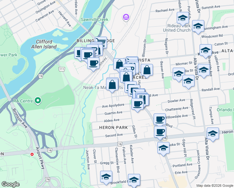 map of restaurants, bars, coffee shops, grocery stores, and more near 1153 Rockingham Avenue in Ottawa