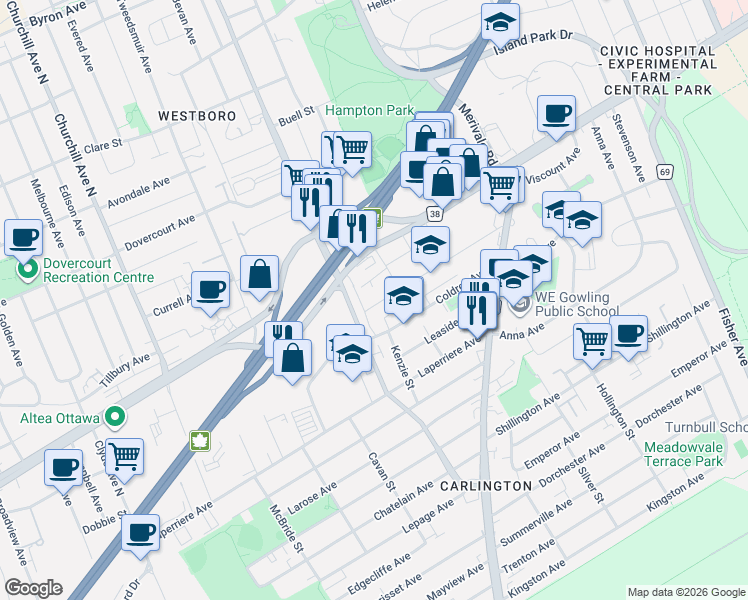 map of restaurants, bars, coffee shops, grocery stores, and more near 1357 Thames Street in Ottawa