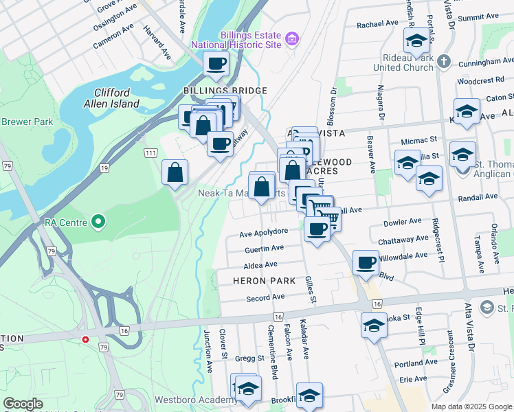 map of restaurants, bars, coffee shops, grocery stores, and more near 1508 Clementine Boulevard in Ottawa