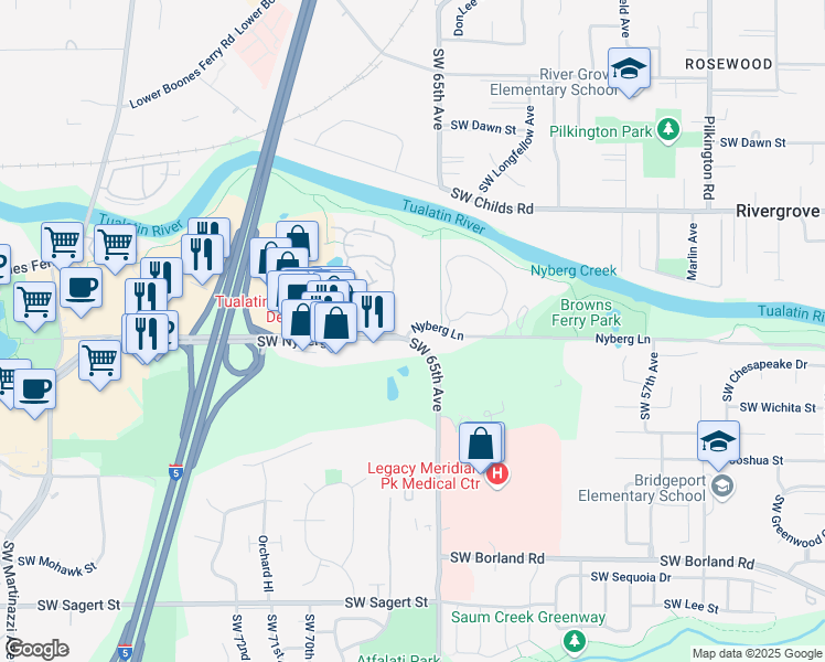 map of restaurants, bars, coffee shops, grocery stores, and more near 6645 Nyberg Lane in Tualatin