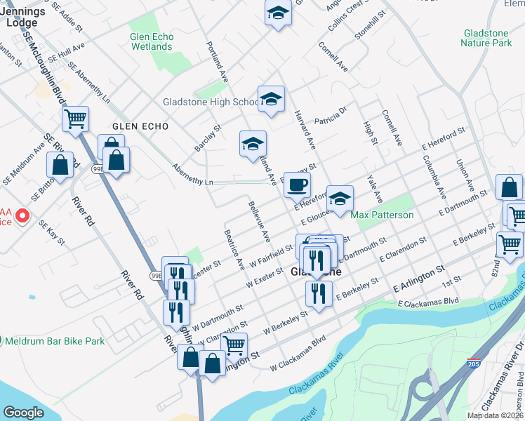 map of restaurants, bars, coffee shops, grocery stores, and more near 180 West Hereford Street in Gladstone