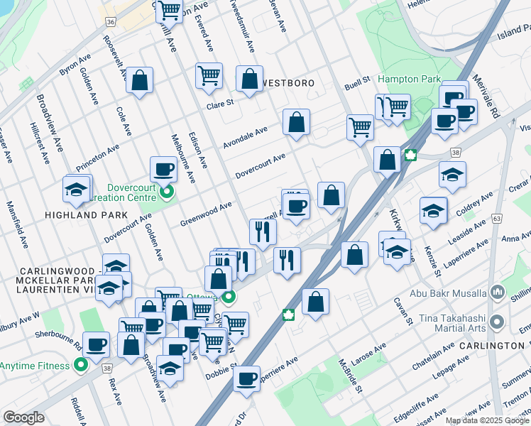 map of restaurants, bars, coffee shops, grocery stores, and more near in Ottawa