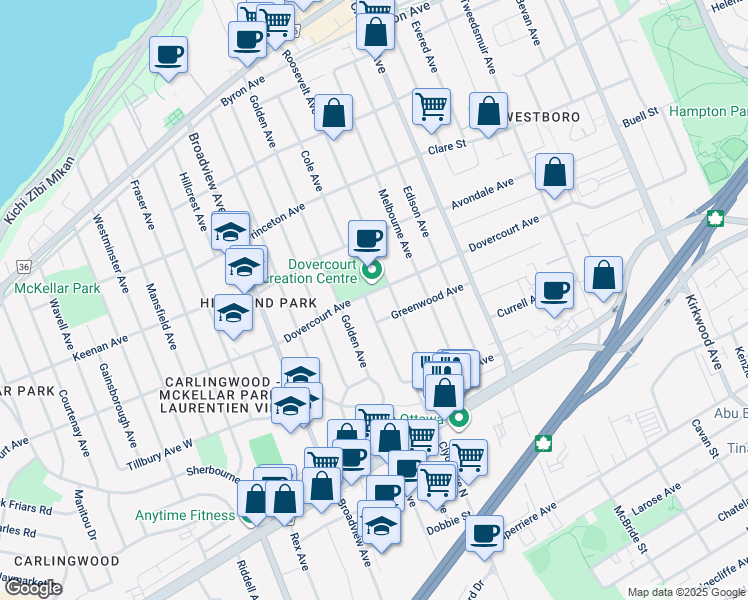 map of restaurants, bars, coffee shops, grocery stores, and more near in Ottawa