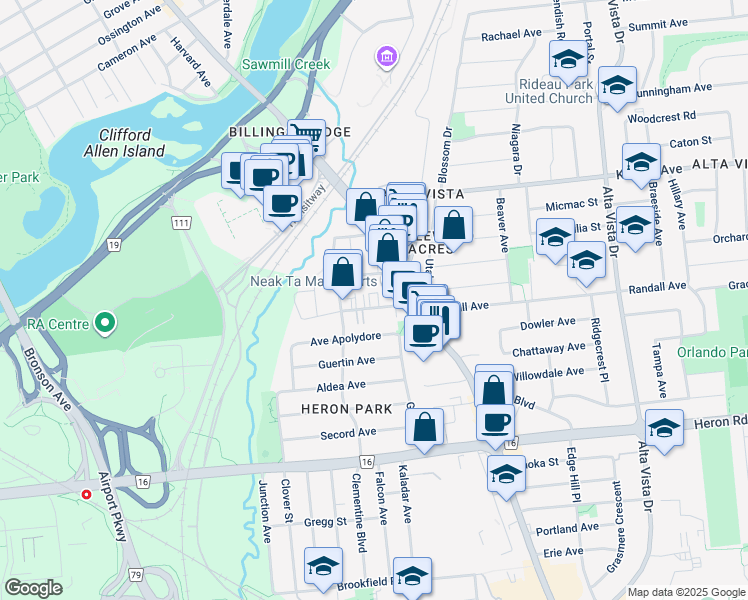 map of restaurants, bars, coffee shops, grocery stores, and more near 1169 Rockingham Avenue in Ottawa