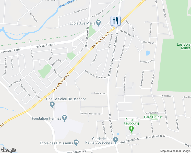 map of restaurants, bars, coffee shops, grocery stores, and more near Montée des Seigneurs in Granby