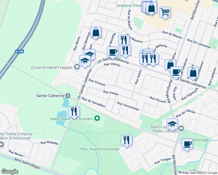 map of restaurants, bars, coffee shops, grocery stores, and more near 74 Rue Vincent in Saint-Constant