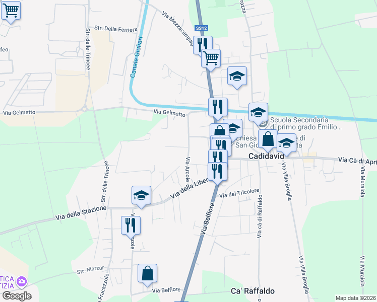 map of restaurants, bars, coffee shops, grocery stores, and more near Via Arcole in Verona
