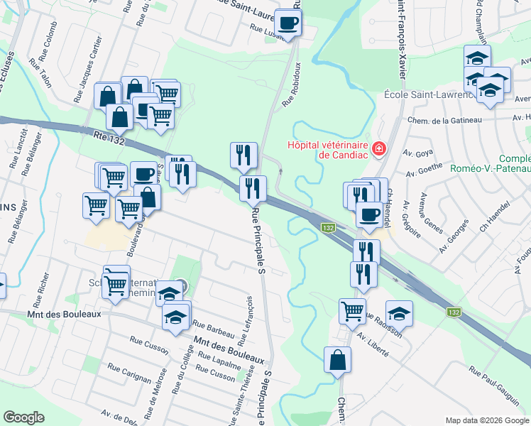 map of restaurants, bars, coffee shops, grocery stores, and more near 6 Rue Principale Sud in Delson