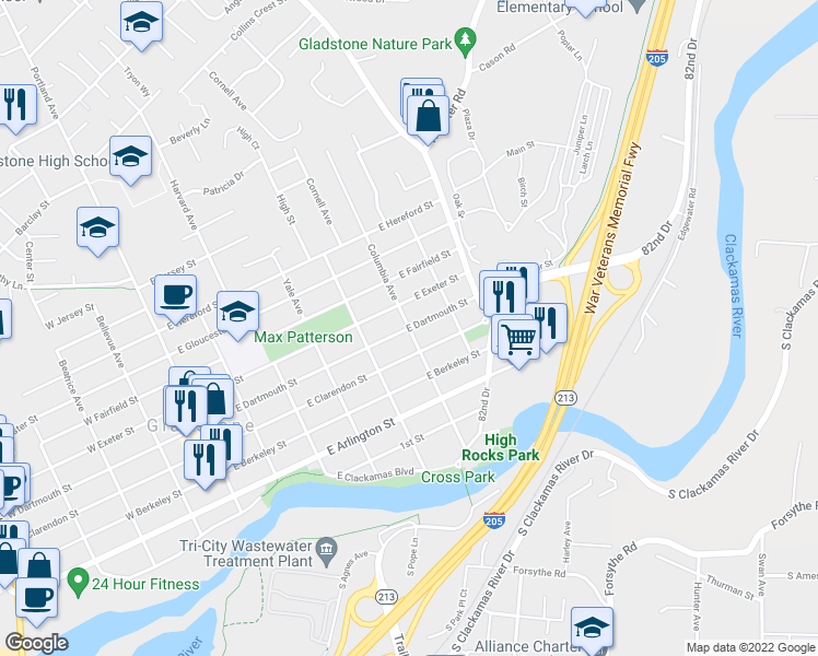 map of restaurants, bars, coffee shops, grocery stores, and more near Columbia Ave & E Dartmouth St in Gladstone