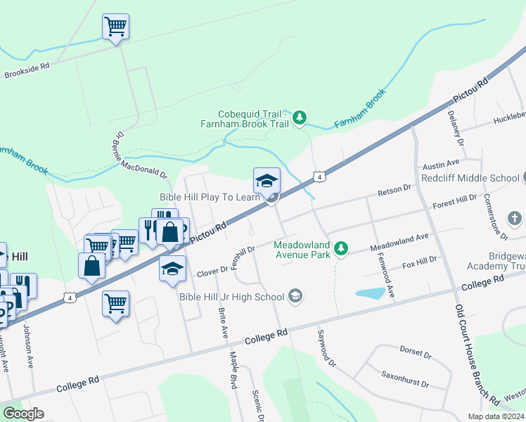 map of restaurants, bars, coffee shops, grocery stores, and more near 332 Pictou Road in Bible Hill
