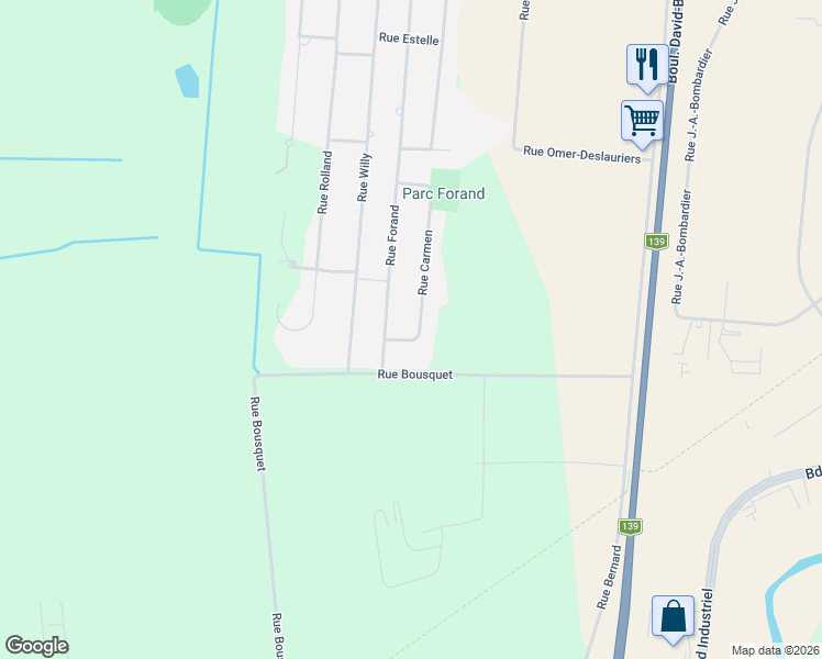 map of restaurants, bars, coffee shops, grocery stores, and more near 38 Rue Carmen in Granby