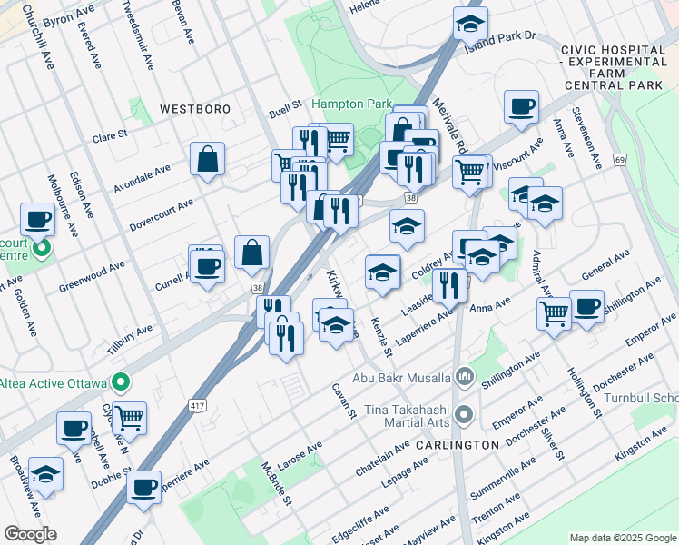 map of restaurants, bars, coffee shops, grocery stores, and more near in Ottawa