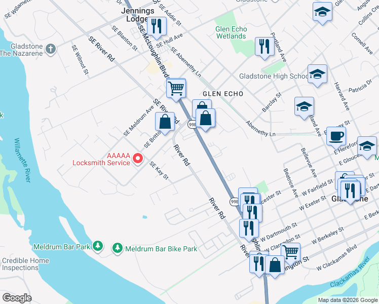 map of restaurants, bars, coffee shops, grocery stores, and more near 19310 Southeast River Road in Portland