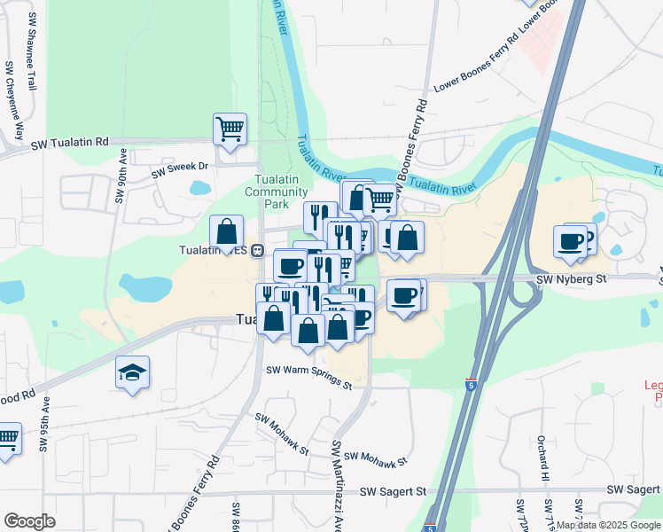 map of restaurants, bars, coffee shops, grocery stores, and more near 8325 Southwest Nyberg Street in Tualatin