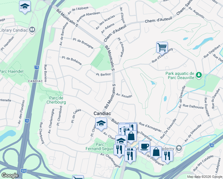 map of restaurants, bars, coffee shops, grocery stores, and more near 99 Boulevard Montcalm Sud in Candiac