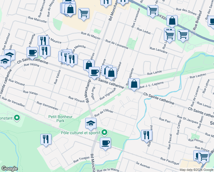 map of restaurants, bars, coffee shops, grocery stores, and more near 9 Rue Valcourt in Saint-Constant